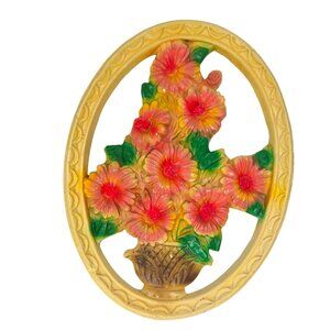 Vintage Mid Century Chalkware Oval Floral Wall Plaque Basket Yellow Peach Kitsch